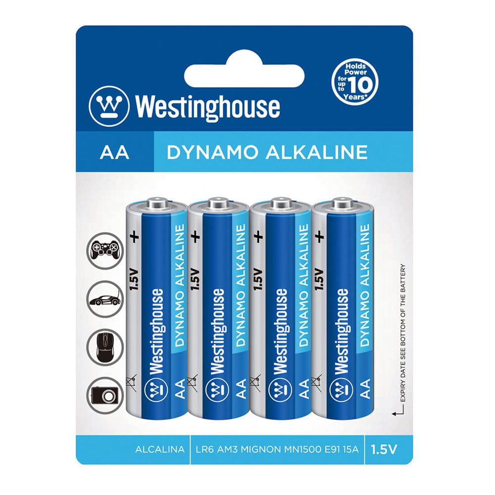 Westinghouse Alkaline AA Battery 4Pack delivers a stable current ideal for high drain household devices, including clocks, remote controls and toys - LR6BP4 Westinghouse Alkaline AA Battery 4Pack delivers a stable current ideal for high drain household devices, including clocks, remote controls and toys - LR6BP4